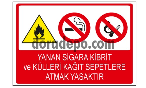 Yanan Sigara Kibrit ve Külleri Kağıt Sepetlere Atmak Yasaktır Uyarı Levhası